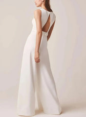 Dressystars Scoop Neck Sleeveless Floor Length Italian Satin Wedding Jumpsuit with Pockets