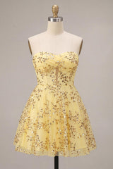 Dressystars Sequin A-Line Corset Yellow Short Homecoming Dress