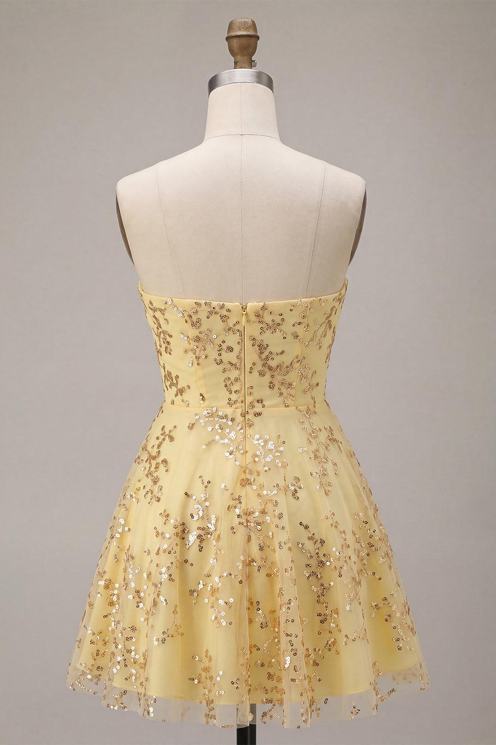 Dressystars Sequin A-Line Corset Yellow Short Homecoming Dress