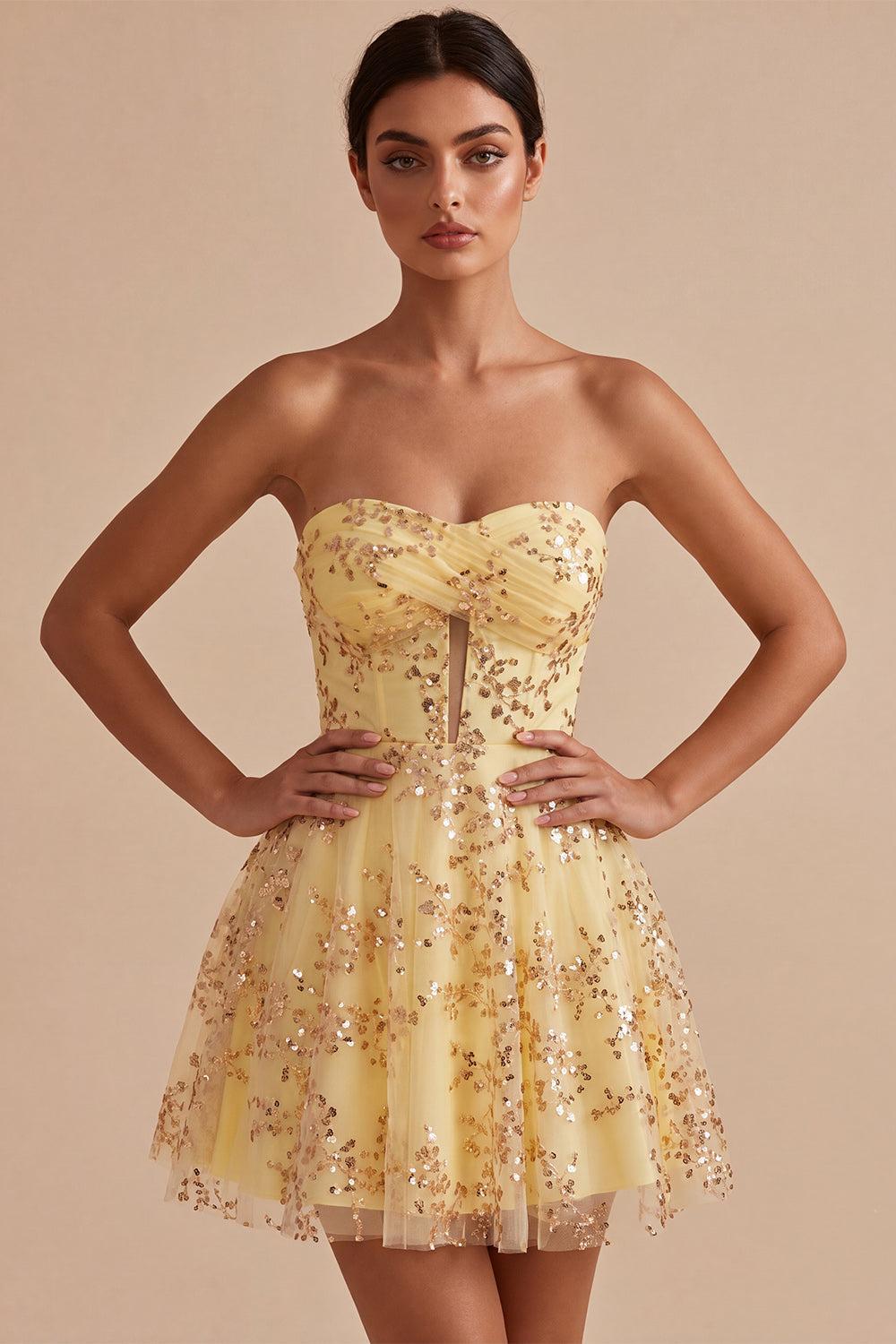 Dressystars Sequin A-Line Corset Yellow Short Homecoming Dress