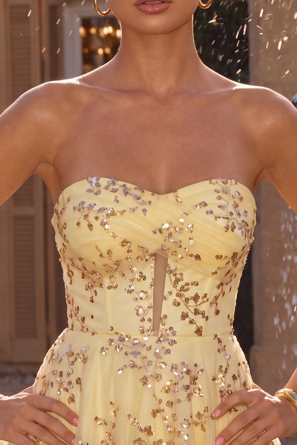Dressystars Sequin A-Line Corset Yellow Short Homecoming Dress