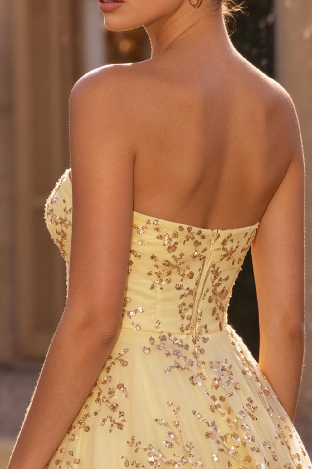 Dressystars Sequin A-Line Corset Yellow Short Homecoming Dress