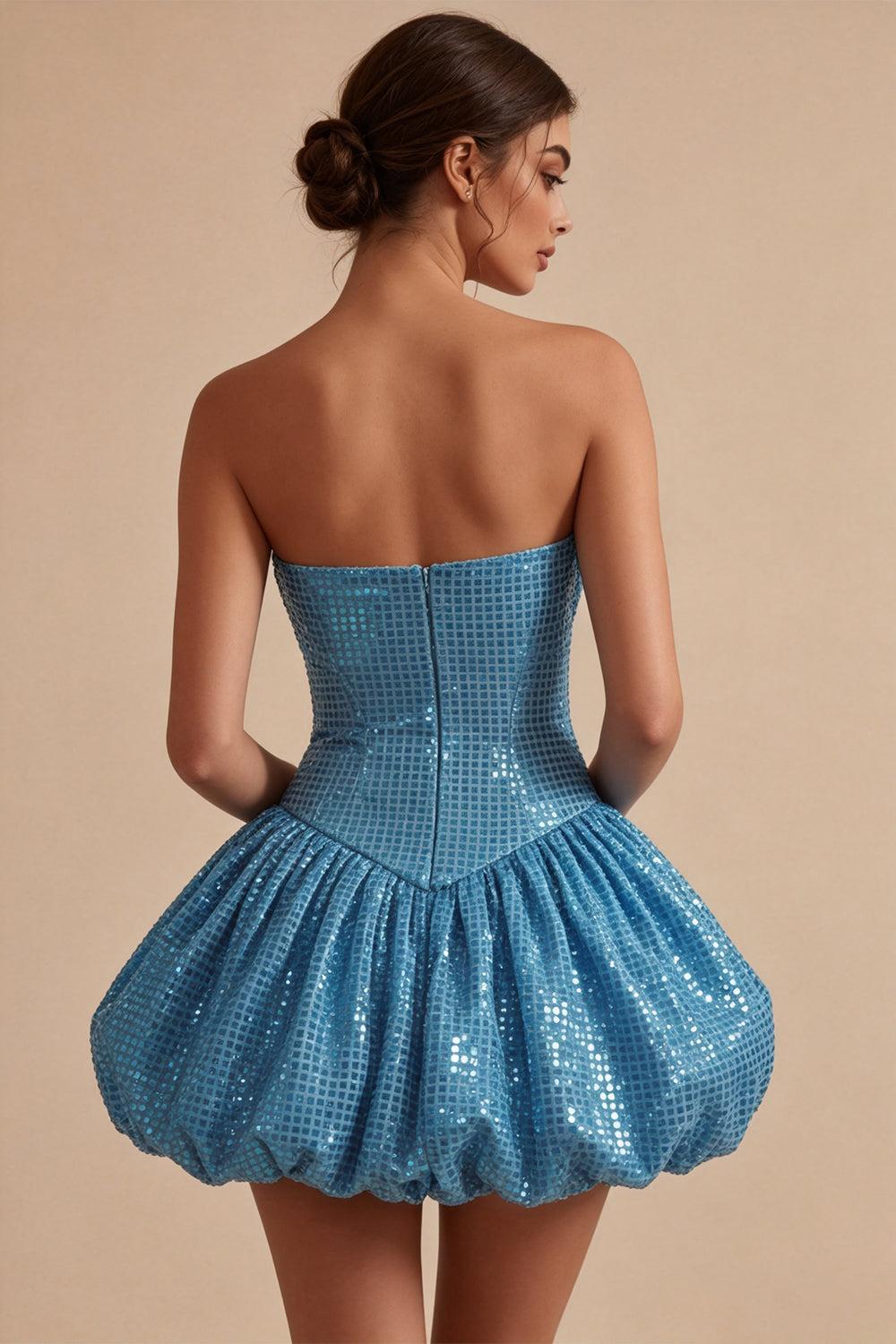 Dressystars Sequin Blue A Line Strapless Bubble Short Homecoming Dress