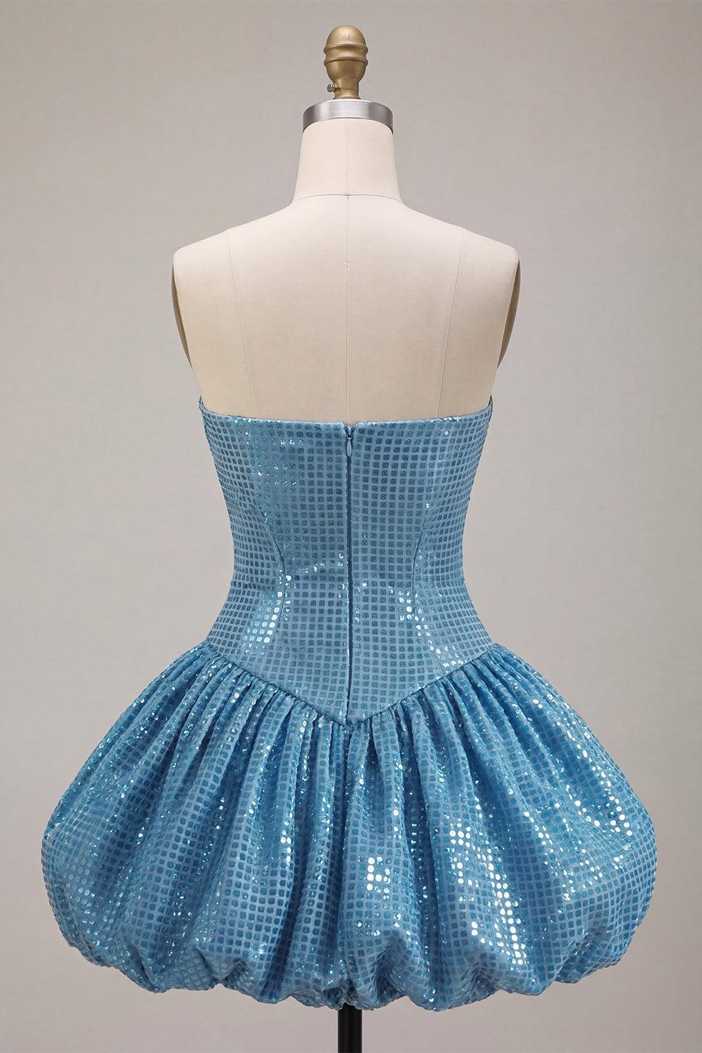 Dressystars Sequin Blue A Line Strapless Bubble Short Homecoming Dress