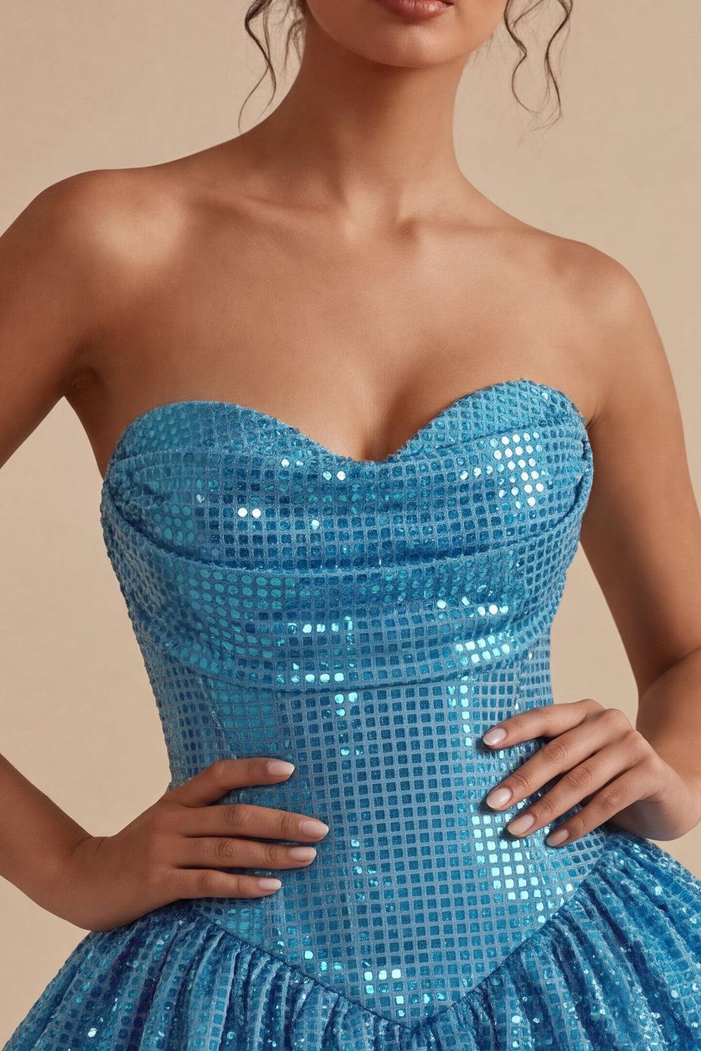 Dressystars Sequin Blue A Line Strapless Bubble Short Homecoming Dress