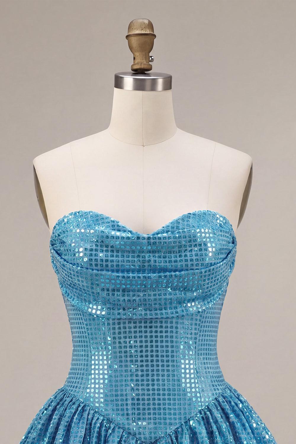 Dressystars Sequin Blue A Line Strapless Bubble Short Homecoming Dress