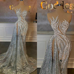 Dressystars Sequined Prom Dress Silver Mermaid Formal Dress with Slit