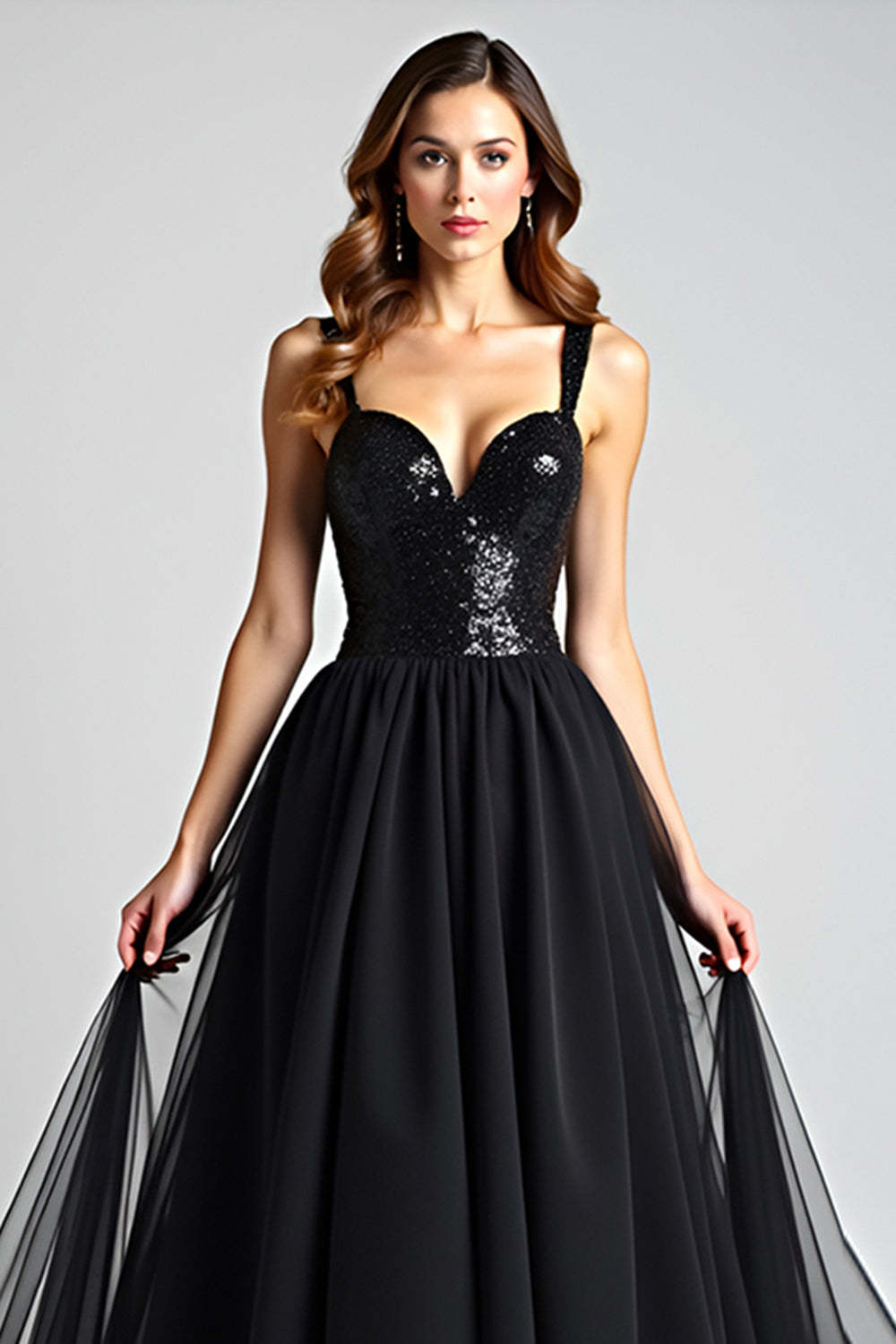 Dressystars Sequins Backless Black Wedding Guest Dress A Line Long Tulle Graduation Dress