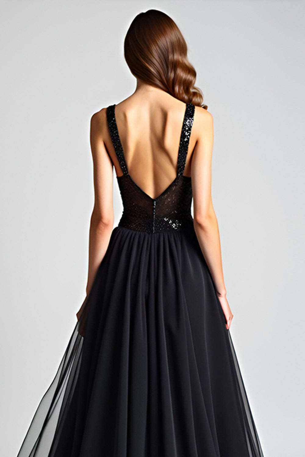 Dressystars Sequins Backless Black Wedding Guest Dress A Line Long Tulle Graduation Dress
