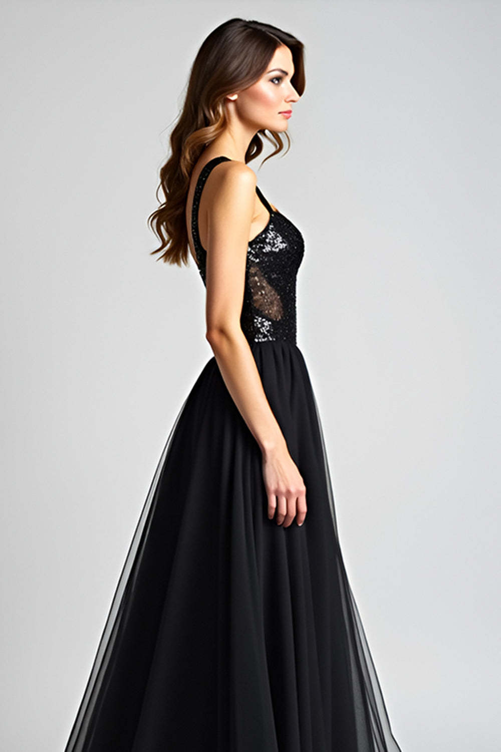 Dressystars Sequins Backless Black Wedding Guest Dress A Line Long Tulle Graduation Dress