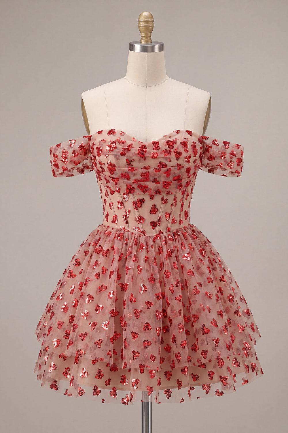 Dressystars Sequins Red Corset A Line Short Homecoming Dress with Ruffles
