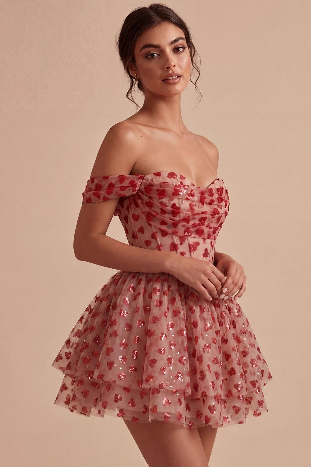 Dressystars Sequins Red Corset A Line Short Homecoming Dress with Ruffles