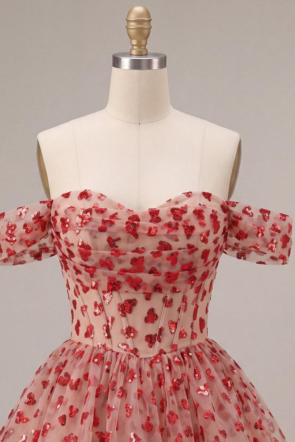 Dressystars Sequins Red Corset A Line Short Homecoming Dress with Ruffles