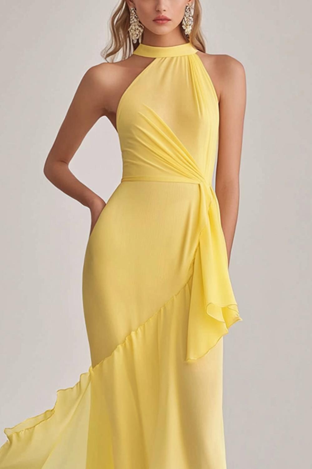 Dressystars Sheath Chiffon Light Yellow Halter Neck Long Formal Dress