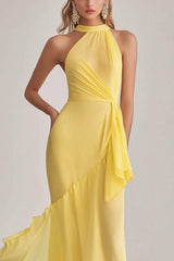 Dressystars Sheath Chiffon Light Yellow Halter Neck Long Formal Dress