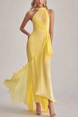 Dressystars Sheath Chiffon Light Yellow Halter Neck Long Formal Dress