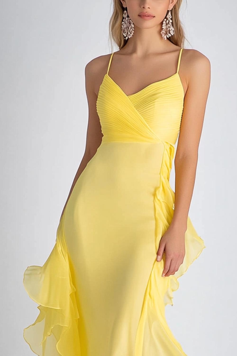 Dressystars Sheath Chiffon Light Yellow Spaghetti Straps Long Formal Dress