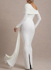 Dressystars Sheath Column Asymmetrical Long Sleeves Floor Length Jersey Wedding Dress with Side Drape