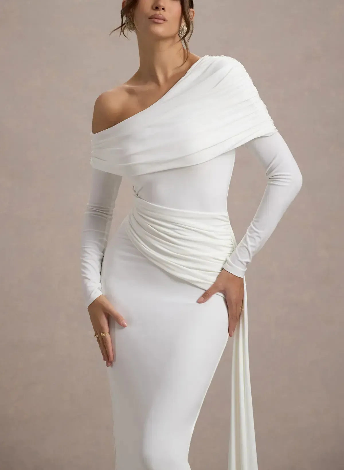 Dressystars Sheath Column Asymmetrical Long Sleeves Floor Length Jersey Wedding Dress with Side Drape