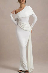 Dressystars Sheath Column Asymmetrical Long Sleeves Floor Length Jersey Wedding Dress with Side Drape