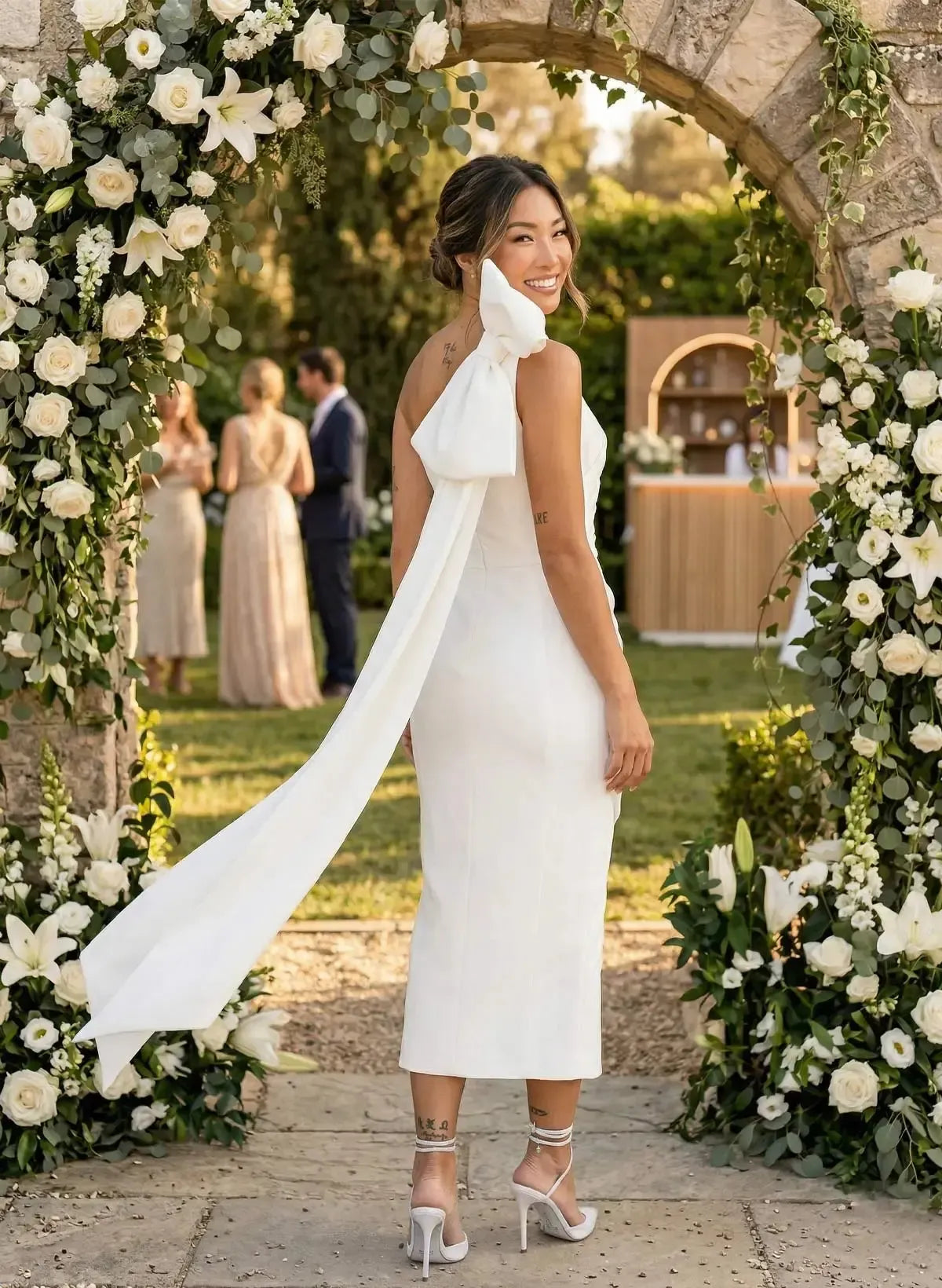 Dressystars Sheath Column One Shoulder Sleeveless Ankle Length Elastic Satin Wedding Dress with Bow and Side Drape