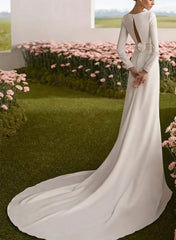 Dressystars Sheath Column Square Neckline Long Sleeves Chapel Train Elastic Satin Wedding Dress