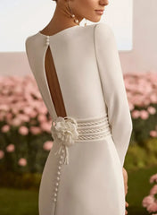 Dressystars Sheath Column Square Neckline Long Sleeves Chapel Train Elastic Satin Wedding Dress