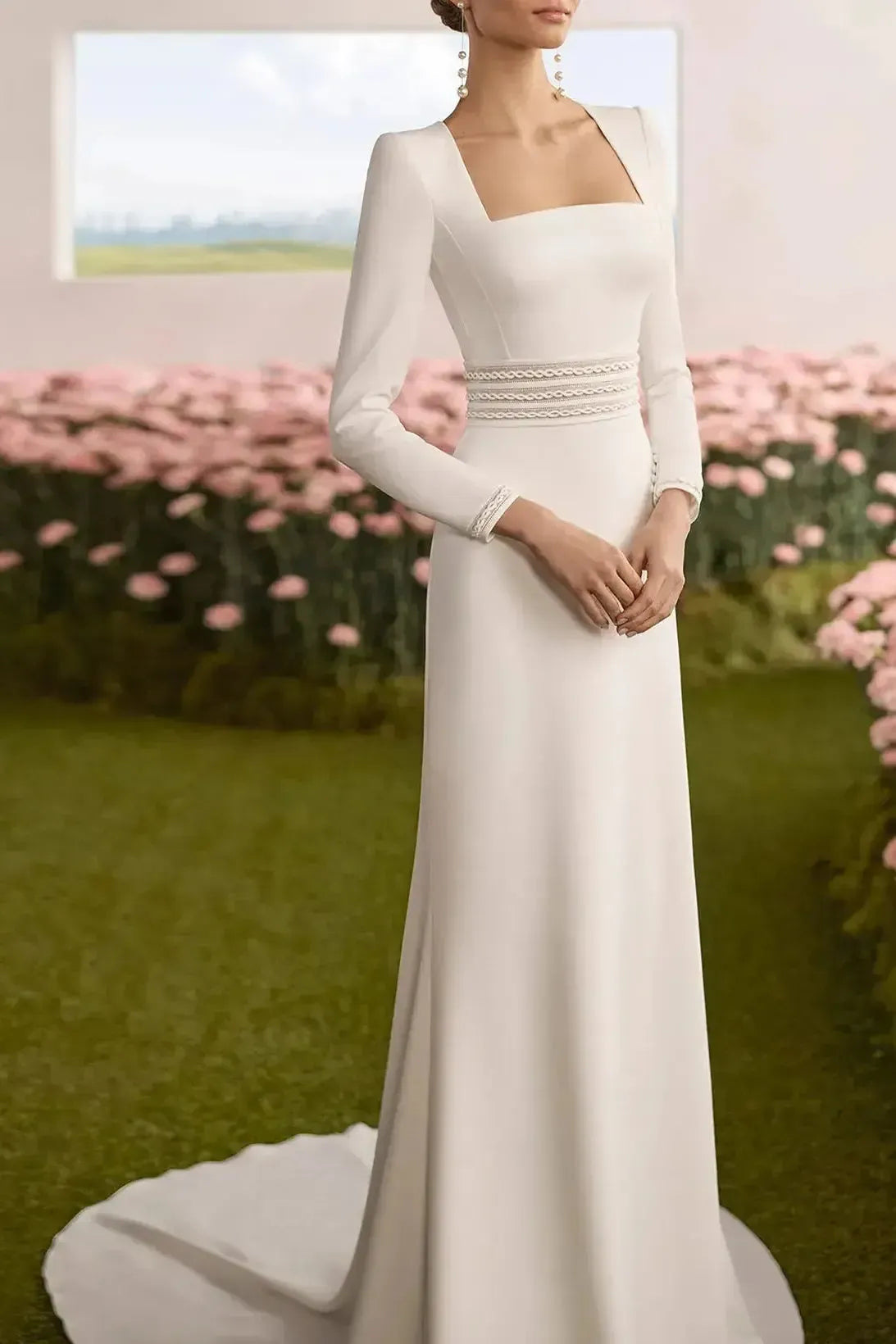 Dressystars Sheath Column Square Neckline Long Sleeves Chapel Train Elastic Satin Wedding Dress