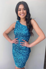 Dressystars Sheath One Shoulder Royal Blue Homecoming Dress Sequin Short Prom Dress