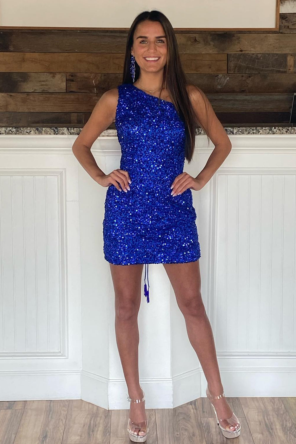 Dressystars Sheath One Shoulder Royal Blue Homecoming Dress Sequin Short Prom Dress
