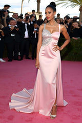 Dressystars Sheath Satin Backless Blush Long Gala Dress With Slit