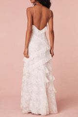 Dressystars Sheath Spaghetti Straps Beach Wedding Dress Backless Long Dress With Ruffles Graduation Dress