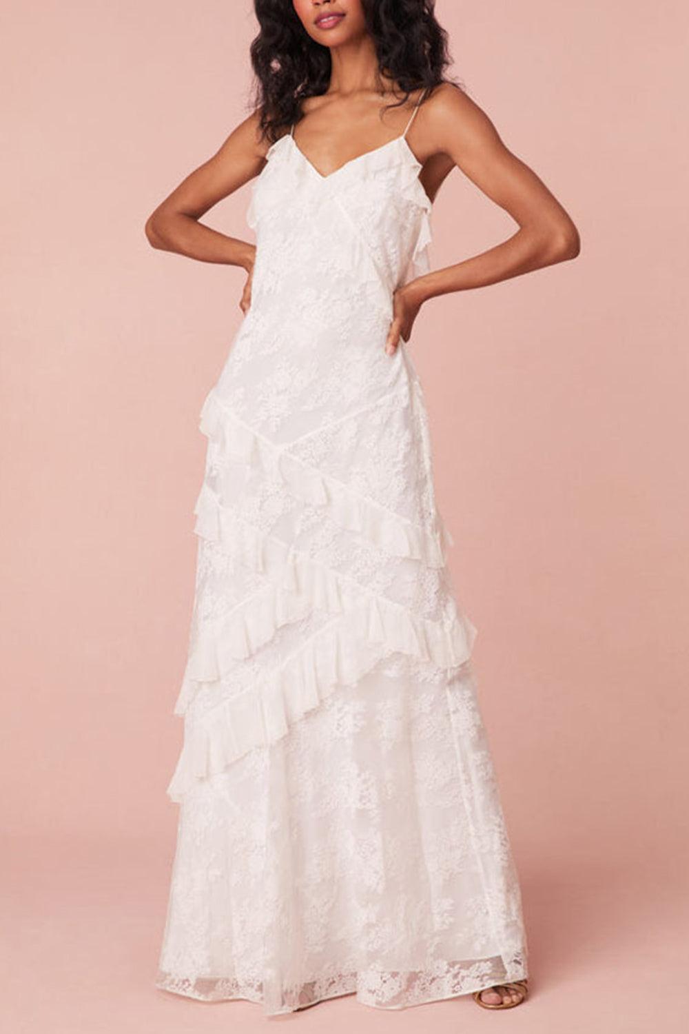 Dressystars Sheath Spaghetti Straps Beach Wedding Dress Backless Long Dress With Ruffles Graduation Dress
