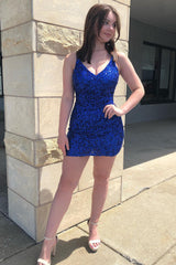Dressystars Sheath Spaghetti Straps Royal Blue Homecoming Dress Sequin Short Cocktail Dress