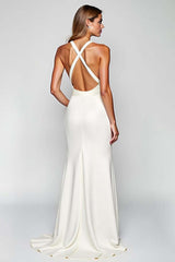 Dressystars Sheath White Halter Satin Long Formal Dress