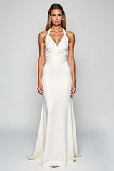 Dressystars Sheath White Halter Satin Long Formal Dress