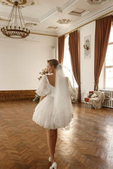 Dressystars Short White Wedding Dress Off The Shoulder Tulle Glitter Bridal Gown With Sleeves