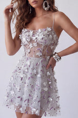 Dressystars Silver Floral Spaghetti Straps Beaded A-Line Corset Short Homecoming Dress