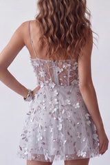Dressystars Silver Floral Spaghetti Straps Beaded A-Line Corset Short Homecoming Dress