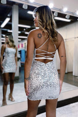 Dressystars Silver Homecoming Dress Lace-Up Sequin Tight Short Prom Dress