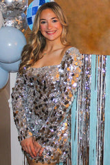 Dressystars Silver Homecoming Dress Long Sleeves Short Prom Dress