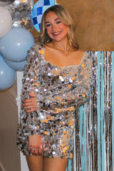 Dressystars Silver Homecoming Dress Long Sleeves Short Prom Dress