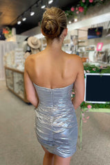 Dressystars Silver Homecoming Dress Strapless Tight Short Prom Dress with Beadings