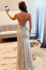 Dressystars Silver Sequin Spaghetti Strap Mermaid Slit Prom Dress With Crisscross Lace-Up Back Formal Evening Gown
