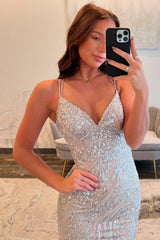 Dressystars Silver Sequin Spaghetti Strap Mermaid Slit Prom Dress With Crisscross Lace-Up Back Formal Evening Gown
