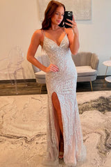 Dressystars Silver Sequin Spaghetti Strap Mermaid Slit Prom Dress With Crisscross Lace-Up Back Formal Evening Gown