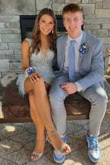Dressystars Silver Sheath Deep V-Neck Short Beaded Homecoming Dress with Feathers