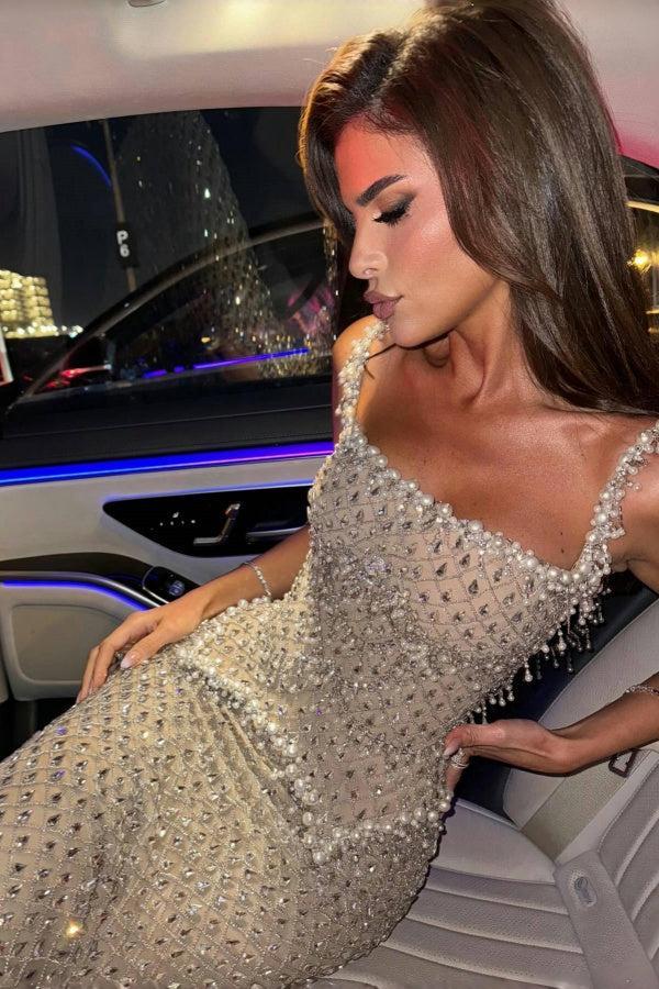 Dressystars Silver Square Neck Formal Dress Beaded Rhinestones Prom Evening Gown