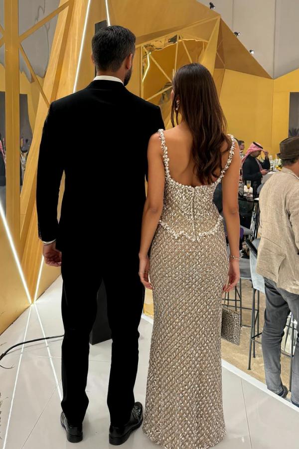 Dressystars Silver Square Neck Formal Dress Beaded Rhinestones Prom Evening Gown
