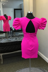 Dressystars Simple Fuchsia Homecoming Dress V-Neck Short Sleeves Tight Short Prom Dress